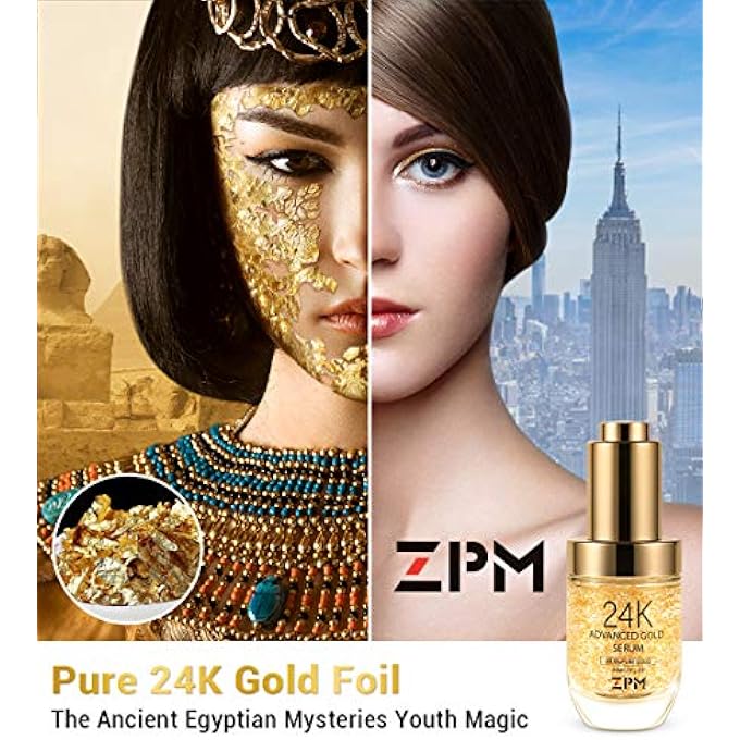 ZPM سيروم الوجه المضاد للشيخوخة 24K ذهب مرطب غني بفيتامين C، حمض الهيالورونيك، كريم فيتامين E لتقليل التجاعيد نهاراً وليلاً، إعادة تنشيط شباب البشرة (1FL.OZ) - Image 2